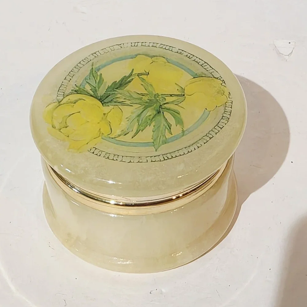 Vtg Genuine Alabaster Trinket Jewelry Box Floral Hand Carved In Italy Gold Trim